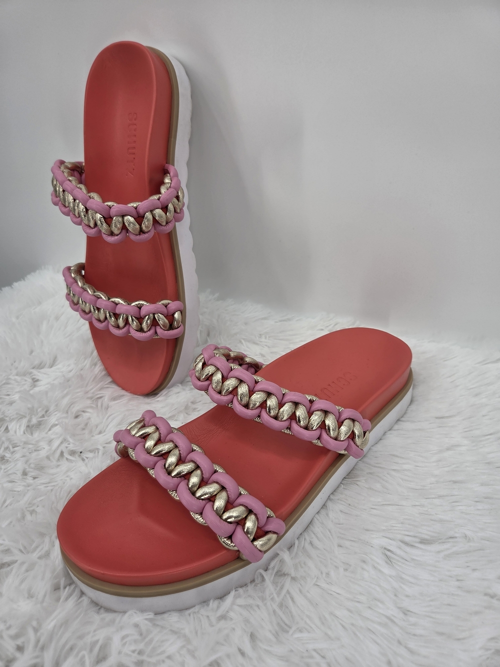 Schutz Juliet Sport Coral Pink Gold Braided Flatform Slide Sandals Womens US 8.5